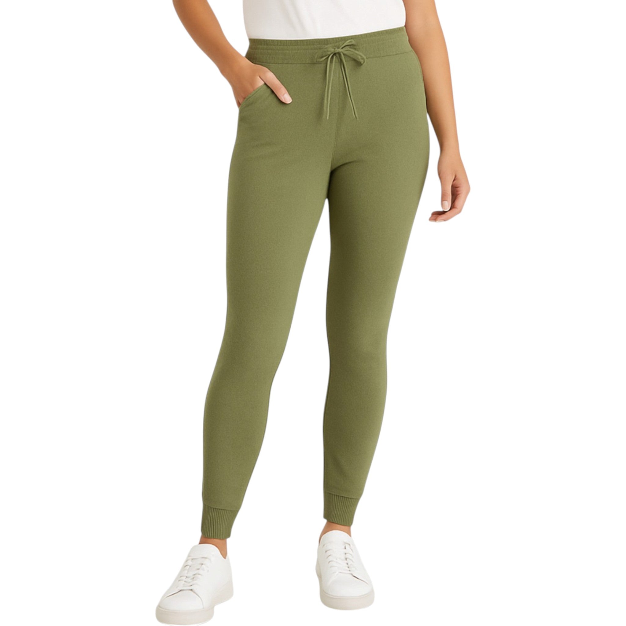 Ladies sage green soft touch joggers with drawstring waist and cuffed ankles stylish loungewear trousers